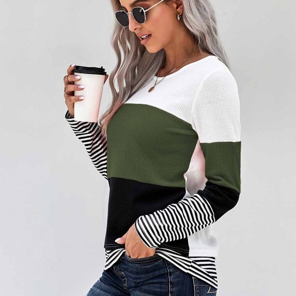 Green Stylish Colorblock Splicing Stripes Top - Picture 2 of 6